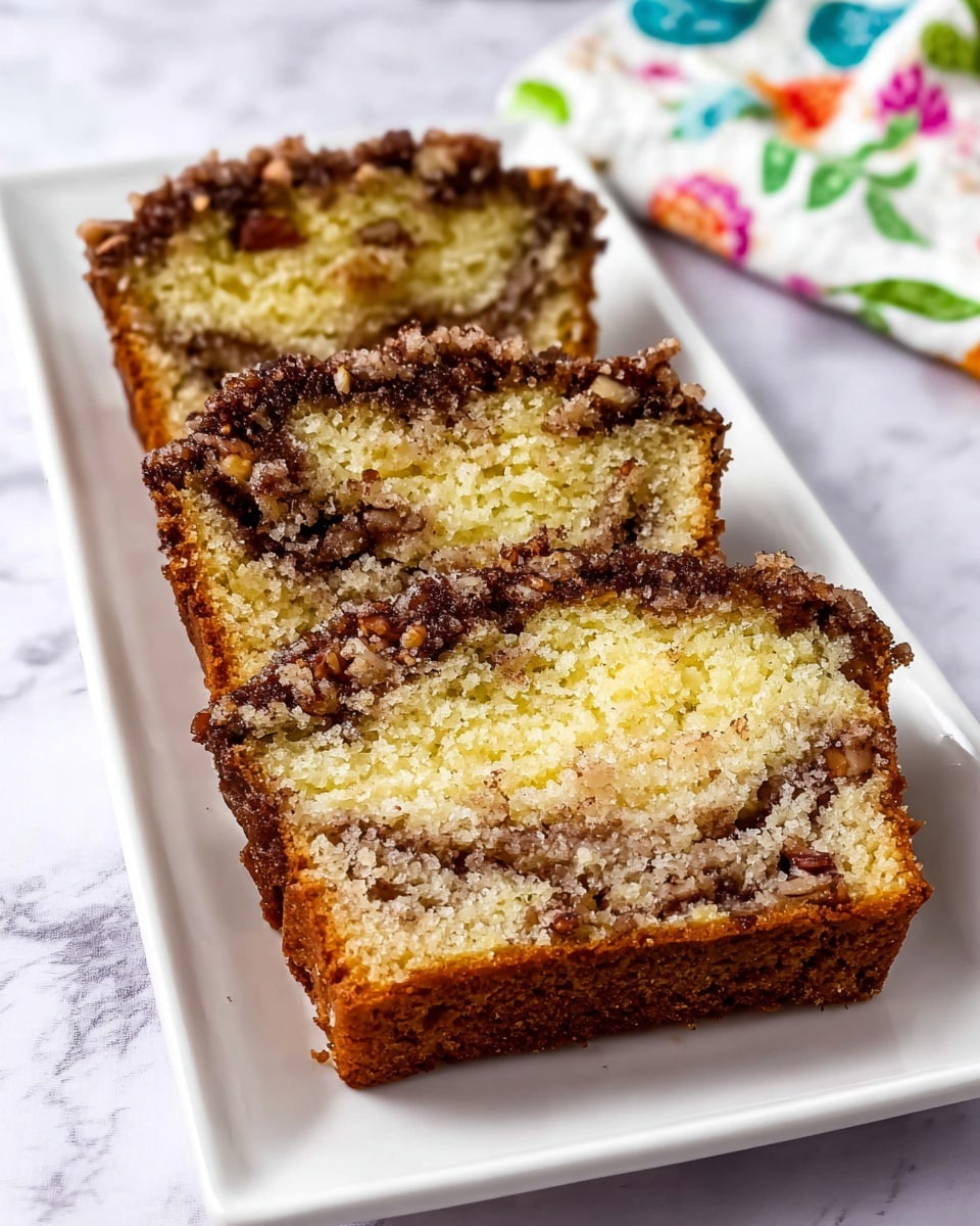 Three slices of yellow cake with a brown, crumbly topping and crunchy walnut pieces are placed side by side on a white rectangular plate. The cake layers show a soft, moist texture with a swirl of cinnamon sugar and nuts in the middle. The crust has a golden brown color with bits of white icing drizzled on top. The plate is set on a white marbled surface with a soft-focus floral cloth in the background. photo taken with an iphone --ar 4:5 --v 7