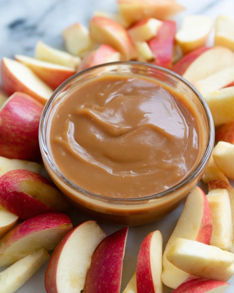 A close-up view of a clear glass bowl filled with smooth, thick caramel sauce that has a shiny, light brown color and soft texture, sitting in the middle of a plate with white color. Around the bowl, there are many apple slices with red and yellow skins and white inside, arranged touching the bowl. The whole scene is set on a white marbled surface, with some blurred light brown pieces in the background. photo taken with an iphone --ar 4:5 --v 7