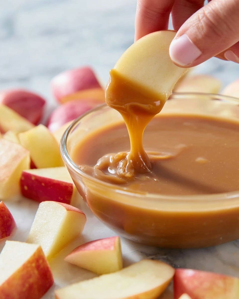 A clear glass bowl filled with smooth, shiny brown caramel sauce is placed on a white marbled surface. A woman's hand is dipping a pale yellow apple slice into the caramel, with the sauce dripping from the slice back into the bowl. Around the bowl, there are several wedges of red and yellow apples scattered loosely. In the background, there are blurry caramel squares adding depth to the image. photo taken with an iphone --ar 4:5 --v 7