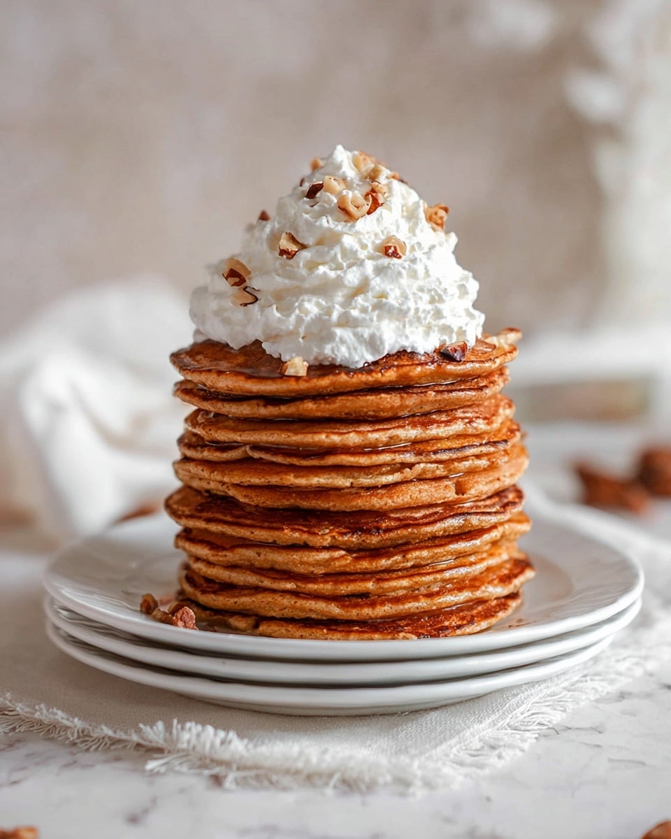 A tall stack of ten round, golden brown pancakes sits in the center of a white plate, showing a slightly crispy texture around the edges. On top of the pancakes is a fluffy swirl of white whipped cream with small pieces of chopped nuts sprinkled over it. The plate is set on a white marbled textured surface with some scattered crumbs around it. The background is softly blurred with warm tones and white elements, creating a cozy and inviting atmosphere. Photo taken with an iphone --ar 4:5 --v 7