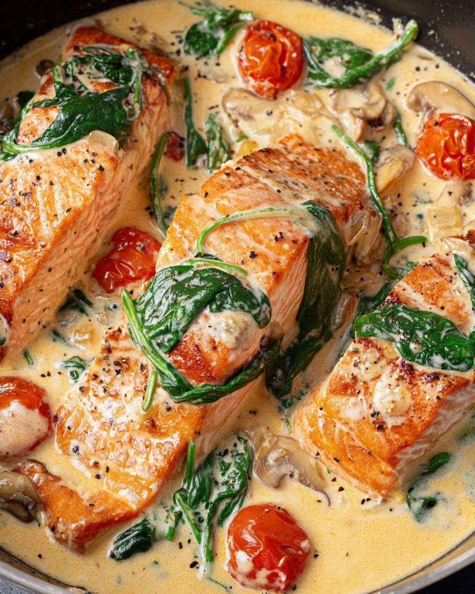 The image shows a black cast iron pan filled with three pieces of salmon fillets, each covered with light creamy sauce mixed with green spinach leaves, small cherry tomatoes, and dark brown mushroom slices. The salmon fillets are pinkish-orange with a slightly crispy edge and lie in a creamy, light beige sauce with herbs visible in it. The pan is placed on a white marbled surface with a white cloth featuring blue stripes in the background. Photo taken with an iphone --ar 4:5 --v 7
