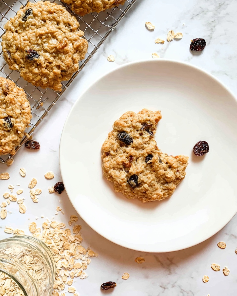The image shows several oatmeal cookies with raisins, some placed on a metal cooling rack and one on a clean white plate. The cookies are light golden brown with visible oat flakes and dark raisins embedded on the surface. The cookie on the plate has a bite taken out of it, revealing a soft texture inside. Around the plate and cooling rack, there are scattered oatmeal flakes and loose raisins on a white marbled surface with a burlap burlap cloth underneath. There is also a glass jar tipped over spilling more oatmeal flakes. The scene is brightly lit with soft shadows, giving a fresh and homemade feel. photo taken with an iphone --ar 4:5 --v 7