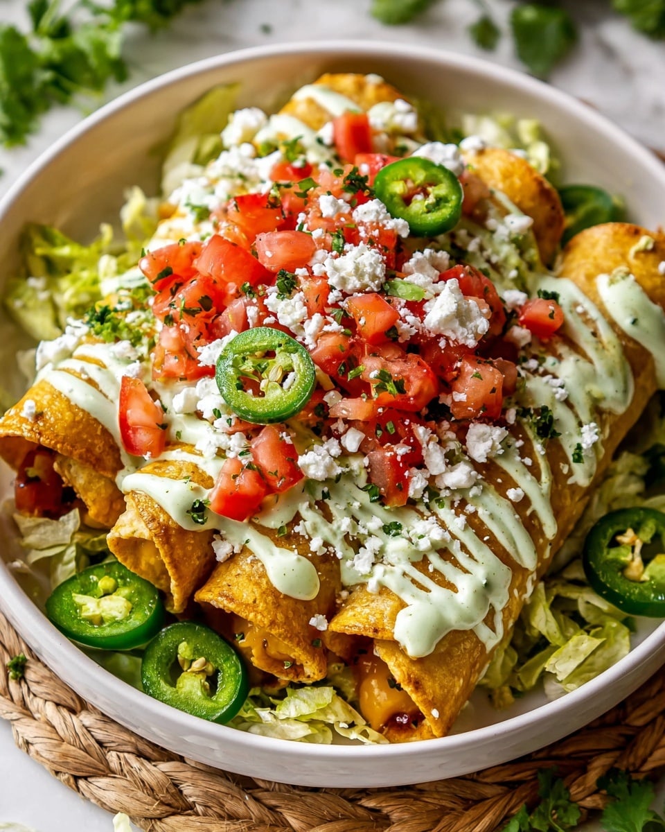 The image shows a white plate filled with rolled, golden-yellow taquitos stacked in layers. On top of the taquitos, there are green slices of jalapeño and small white crumbles of cheese. A few spoons of fresh red tomato salsa with small white onion pieces are placed on the middle layer, adding bright color. Light green sauce is drizzled over the taquitos, along with white creamy sauce in thin lines across the top layer. Beneath the taquitos, there is a bed of shredded green lettuce with some scattered small tomato pieces. The plate is on a white marbled surface with a woven beige placemat under it and some green cilantro sprigs nearby. photo taken with an iphone --ar 4:5 --v 7