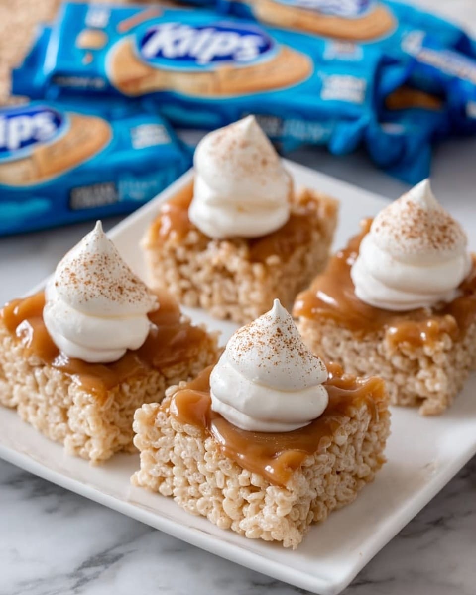 Four square pieces of light tan Rice Krispies Treats are on a white rectangular plate with a white marbled surface underneath. Each square has a middle layer of light brown apple sauce with a smooth, shiny texture, topped with a dollop of white whipped cream sprinkled with a light dust of cinnamon. In the background, there are two blue and white Rice Krispies Treats Original wrappers slightly blurred. Photo taken with an iphone --ar 4:5 --v 7