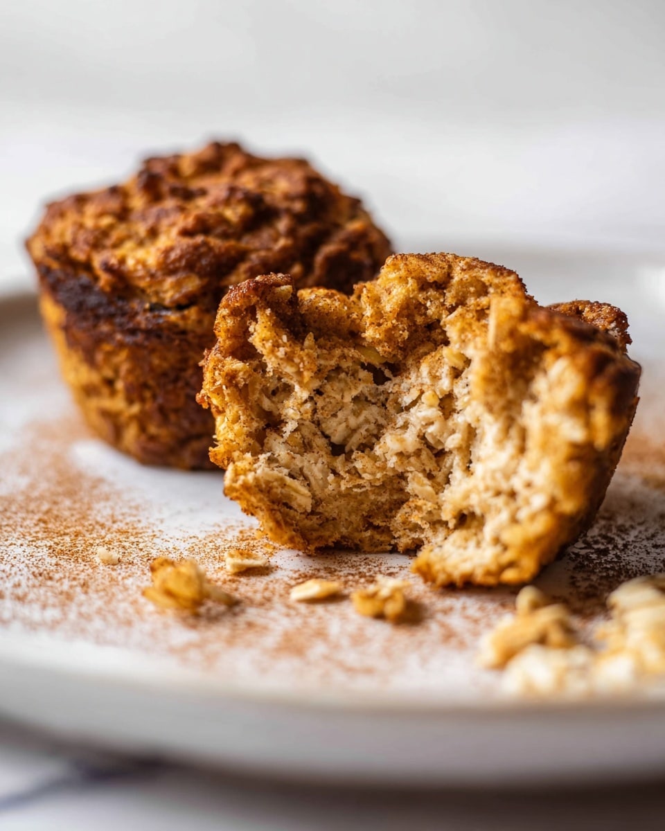 The image shows a close-up of two oatmeal muffins on a white plate with a white marbled background. The muffin at the front is broken in half, revealing a dense, crumbly texture inside with visible oats in light golden brown and tan shades. The outer layer of the muffin is rough and darker golden brown, showing a slightly crisp surface. Next to the broken muffin there are some crumbs scattered on the plate, along with a light dusting of cinnamon powder. The second muffin in the background is whole and blurred, showing a similar golden brown color with a rough oat surface. Photo taken with an iphone --ar 4:5 --v 7