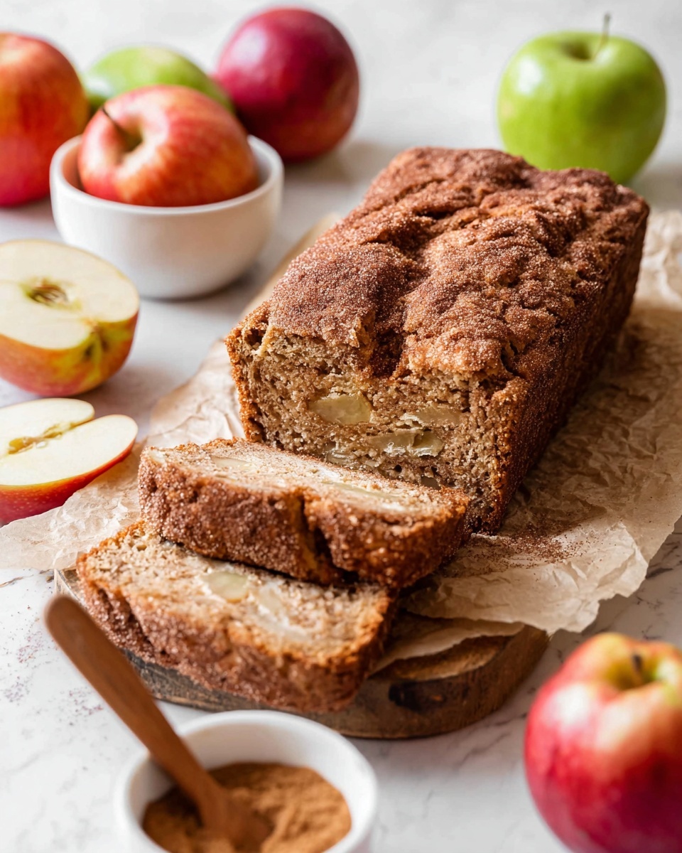The image shows a single thick slice of apple cinnamon bread placed on a light brown parchment paper over a wooden board. The bread has two main parts: the bottom part is a soft, dense yellowish cake with small bits of apple visible, while the top part has a darker brown, crumbly cinnamon sugar layer that looks slightly cracked. The surface behind the bread is white with a marbled texture, and blurred apples and cinnamon sticks are placed softly around the bread in the background. Photo taken with an iphone --ar 4:5 --v 7