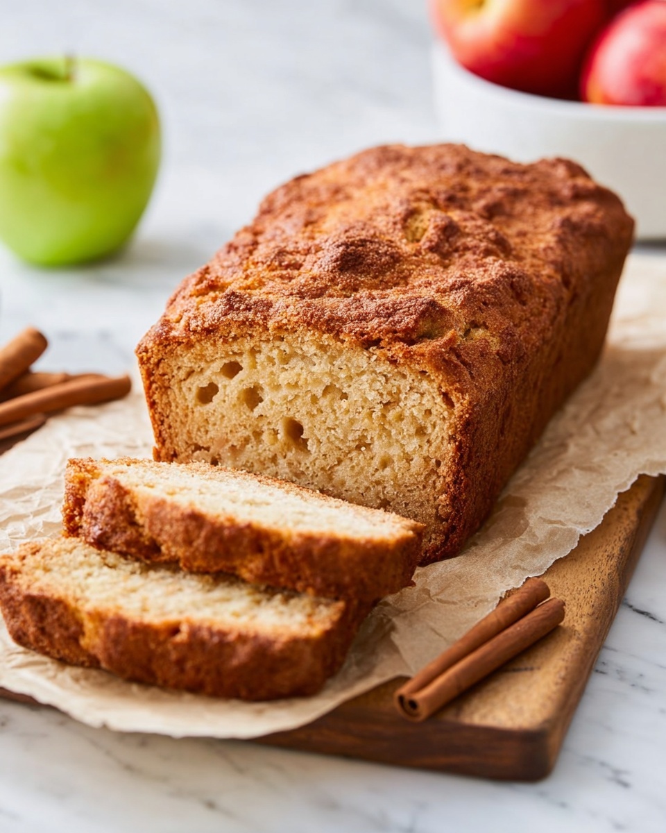 The image shows a loaf of apple cinnamon bread placed on a wooden board with two slices cut and leaning against the rest of the loaf. The bread has a light brown inside with a soft texture and a darker brown crust on the top with a crumbly cinnamon layer. Behind the board, there are two apples, one green and one red, on a white marbled surface. Two cinnamon sticks are also placed on the board near the bread, adding to the autumn feel. Photo taken with an iphone --ar 4:5 --v 7