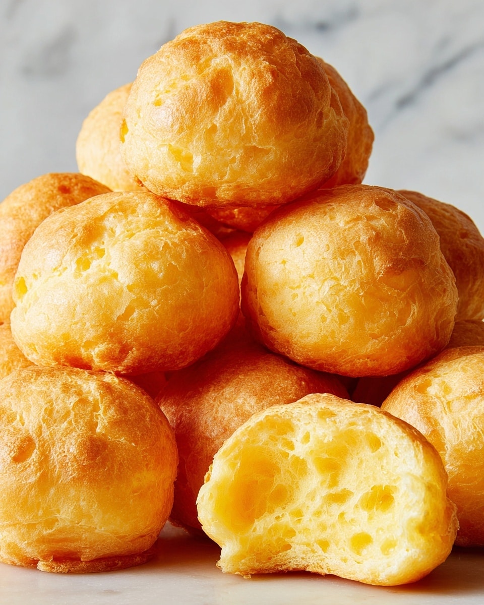 The image shows a close-up of a pile of round, golden-yellow bread balls stacked in three layers. The top layer has two bread balls, one of which is broken open, revealing a soft, airy, pale yellow inside with a slightly spongy texture. The bread balls have a smooth, shiny, and slightly crispy outer crust. The background is a white marbled texture. photo taken with an iphone --ar 4:5 --v 7
