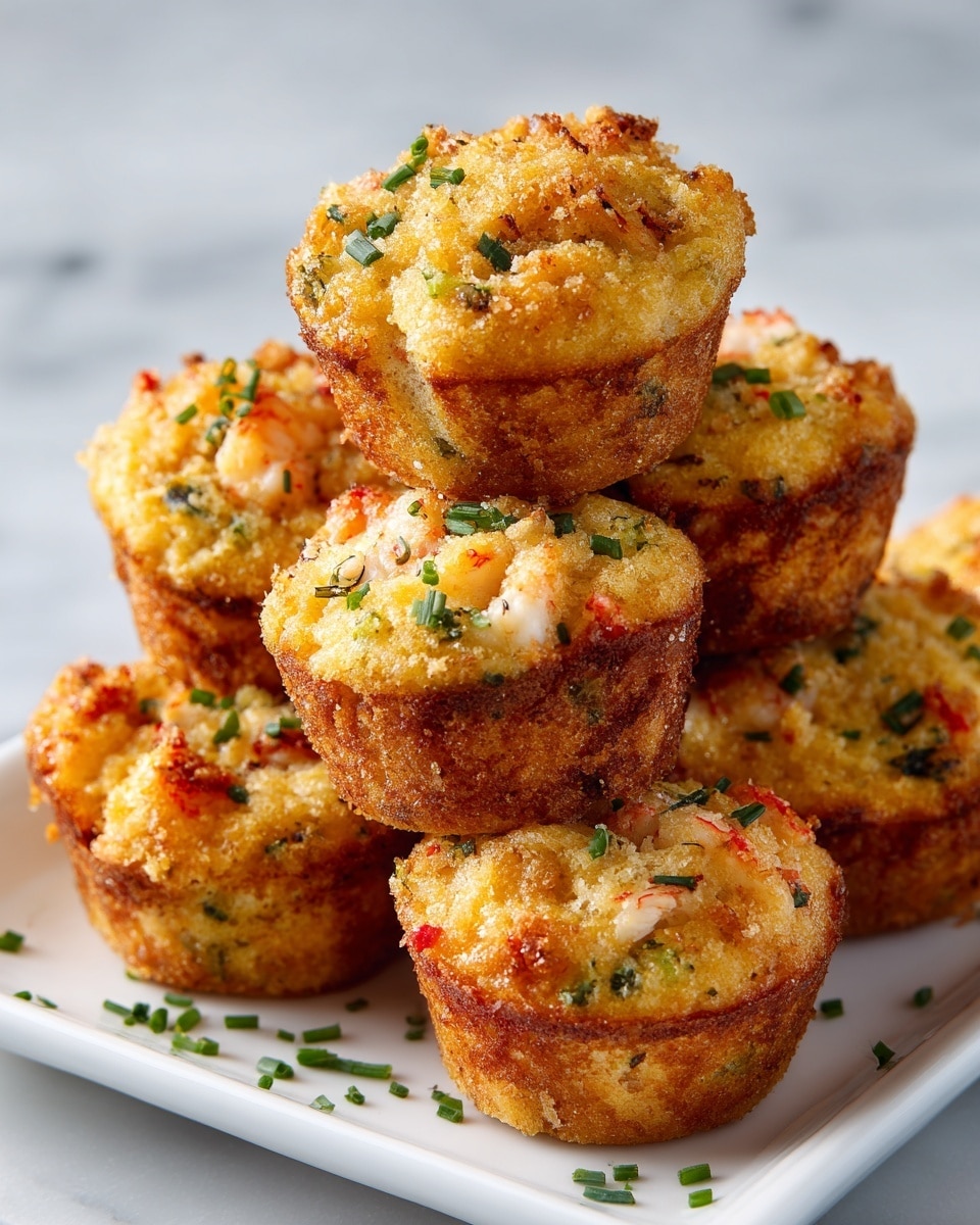 The image shows a small round macaroni and cheese muffin on a white plate sitting on a white marbled surface. The muffin has a golden, slightly browned cheesy top layer with some small green herb pieces sprinkled over it. The middle layer is creamier and lighter yellow, with bits of reddish lobster pieces inside for texture and color contrast. There are a few small macaroni pieces with cheese and lobster on the plate beside the muffin, along with two long green chive stalks crossing each other. Part of a silver fork is visible at the edge of the plate. The photo taken with an iphone --ar 4:5 --v 7