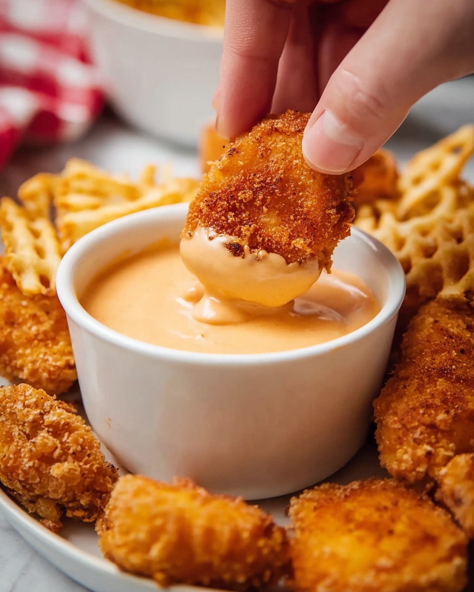 A woman's hand is holding a small, crispy, golden-brown nugget dipping into a smooth, creamy light orange sauce inside a small white bowl. The bowl is placed on a white plate filled with crispy waffle fries, which are golden and textured with a crispy surface. Around the dipping bowl on the plate, there are more golden-brown nuggets with a crunchy coating. The background is a white marbled texture with a red cloth in the blurred area. photo taken with an iphone --ar 4:5 --v 7