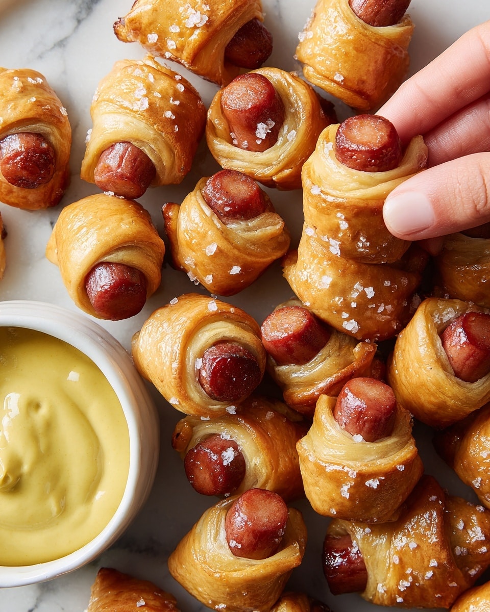 A white rectangular plate on a white marbled surface holds twelve small wrapped sausages. Each sausage is wrapped in a golden-brown, flaky pastry with some coarse salt sprinkled on top. The sausages peek out from both ends of the pastries, showing a deep reddish-brown color. On the plate, there are three small white round bowls placed at one corner. Each bowl contains a different sauce: a smooth pale yellow sauce, bright red ketchup, and a creamy yellow mustard. The presentation is clean and simple, showing neat rows of the wrapped sausages with small drops of sauce on the plate. Photo taken with an iphone --ar 4:5 --v 7
