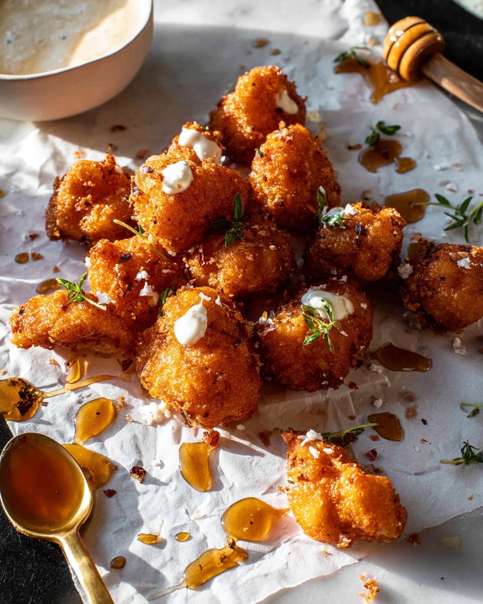 Small pieces of crispy golden-brown fried cauliflower are arranged on a sheet of white parchment paper over a white marbled surface. Some cauliflower pieces are topped with a drizzle of white creamy sauce and small green herb leaves, while a light amber sauce is scattered around the pieces. To the right side, there is a small clear glass bowl filled with dark amber dipping sauce and a gold spoon next to it with a glossy pool of sauce on the white marbled surface. The scene is brightly lit with warm natural light, highlighting the crunchy texture of the cauliflower and the shine of the sauces photo taken with an iphone --ar 4:5 --v 7