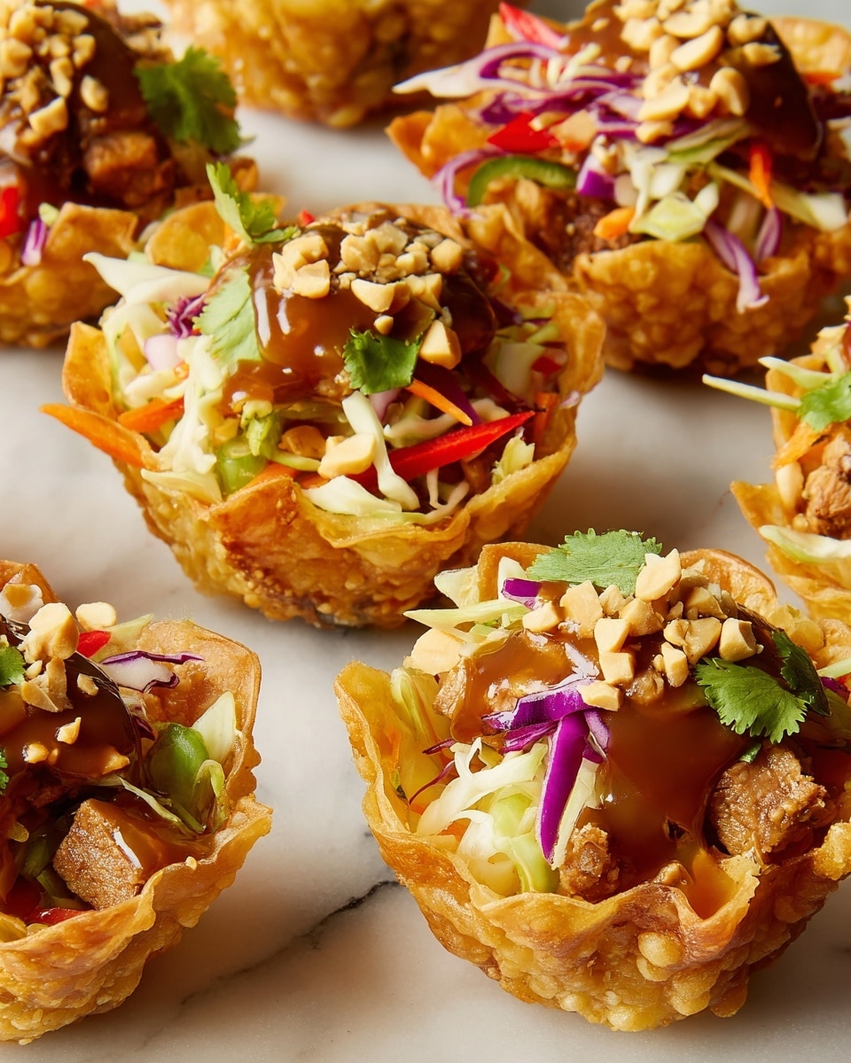 The image shows several small crispy golden-brown wonton cups placed on a white marbled texture surface. Each cup is filled with layers starting from a shredded light beige chicken base, topped with a colorful mix of thinly sliced red bell peppers, purple and white cabbage, bright orange carrot strips, and green cilantro leaves. The filling is drizzled with a smooth light brown peanut sauce and sprinkled with crushed peanuts that add a crunchy texture. Some cups have sauce dripping slightly on the surface, creating a natural, fresh look. Photo taken with an iphone --ar 4:5 --v 7