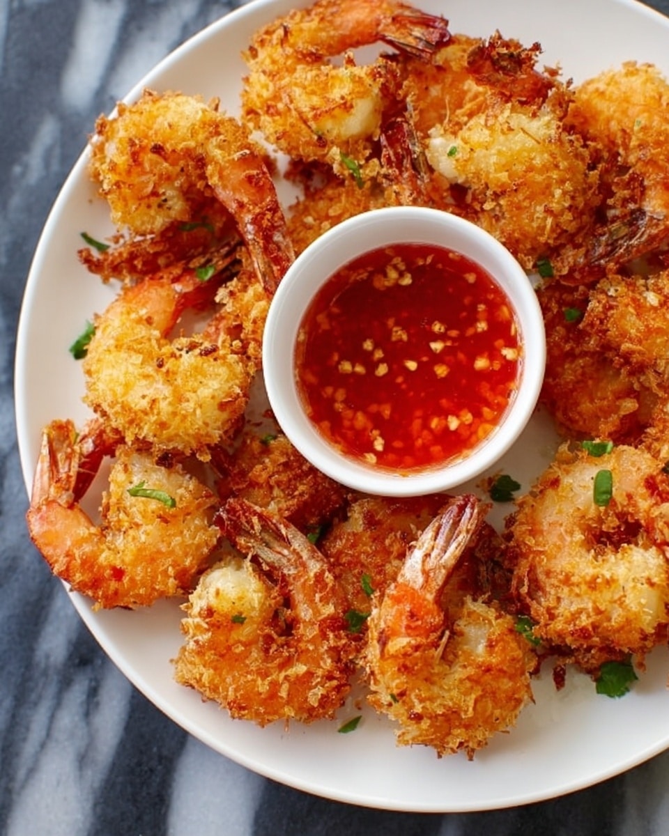 A white round plate filled with golden-brown crispy coconut shrimp, each shrimp having a rough, crunchy texture with bits of toasted coconut on the surface, arranged around the plate with tails pointing outward. On the right side of the plate, there is a small round white bowl filled with bright red sweet chili sauce that looks glossy and thick with small chili pieces inside. The plate is set on a white marbled surface, and no hands or extra objects are visible. photo taken with an iphone --ar 4:5 --v 7