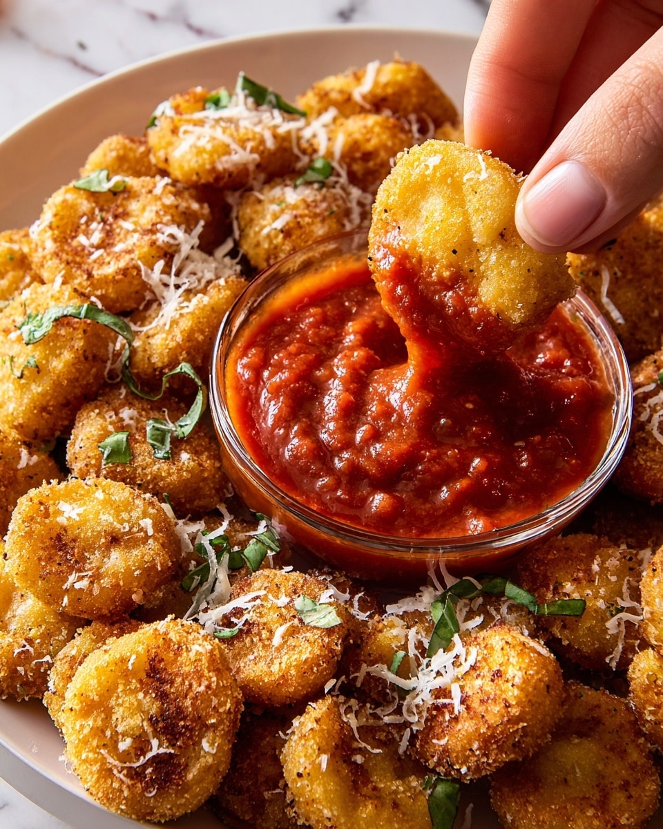 A white plate is filled with many small golden-brown fried rounds of food with a crispy texture, sprinkled with finely grated white cheese and small green herb pieces on top. In the center of the plate, there is a clear glass bowl filled with bright red thick sauce. A woman's hand is dipping one of the fried rounds into the sauce, with the sauce clinging to its surface. The background is a white marbled texture. photo taken with an iphone --ar 4:5 --v 7
