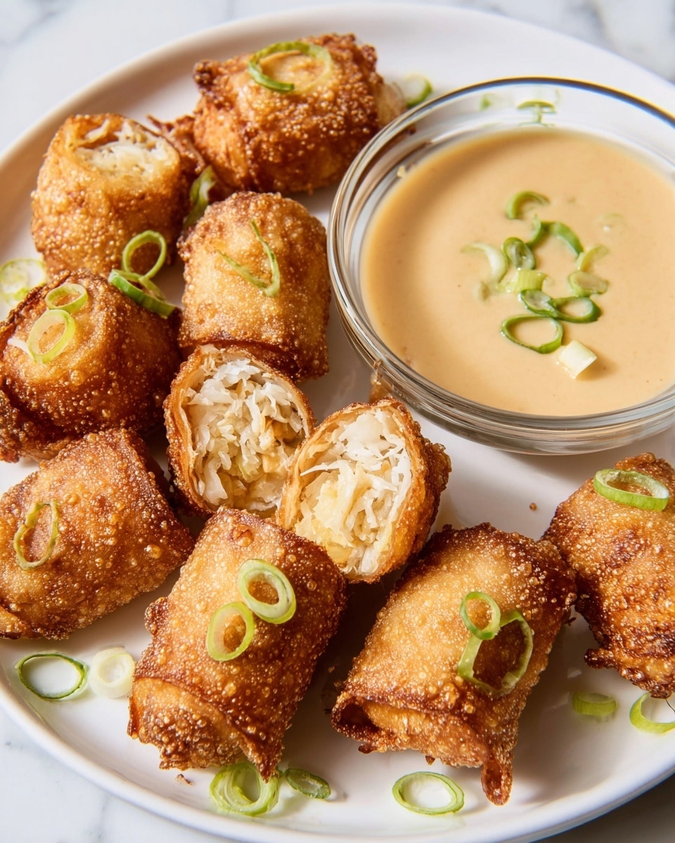 This image shows a white square plate filled with eight crispy, golden brown fried rolls arranged in two layers. Each roll has a crunchy, textured outer layer with some darker golden spots, revealing a soft inner filling of white rice with small bits of red and green ingredients. Green onion pieces are sprinkled on top and around the rolls for color contrast. The plate sits on a white marbled surface. The photo taken with an iphone --ar 4:5 --v 7