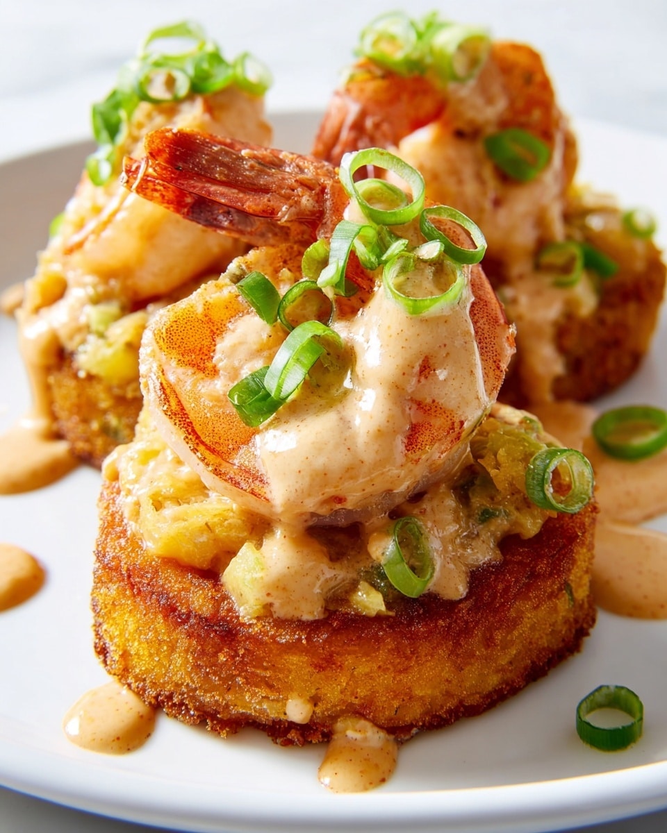 The image shows a white triangular plate holding eight round yellow cakes with a slightly grainy texture, each topped with two grilled shrimp that have visible char marks and a pink-orange color with black grill lines, garnished with small green onion pieces. In the background, there is a white octagonal plate with two similar shrimp cakes, and the whole scene is set on a white marbled textured surface with a light beige cloth napkin under the main plate. Around the plates, there is a small wooden bowl of light grainy powder, some whole green onions, and a white bowl with brown spice powder, adding texture and color to the setting, photo taken with an iphone --ar 4:5 --v 7
