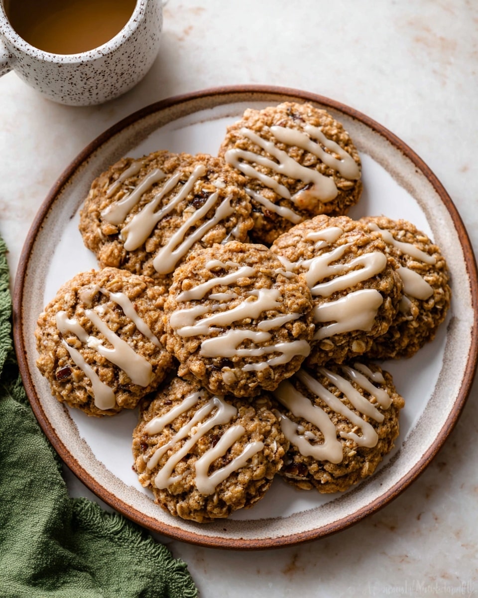 The image shows several round cookies with a rough, crumbly texture and light brown color, drizzled unevenly with a pale glaze. One cookie is split in half, showing a soft and slightly crumbly inside with small pieces of a greenish fruit embedded. The cookies rest on crinkled white parchment paper placed on a white marbled surface. To the left, there is a small slice of green apple. Photo taken with an iphone --ar 4:5 --v 7
