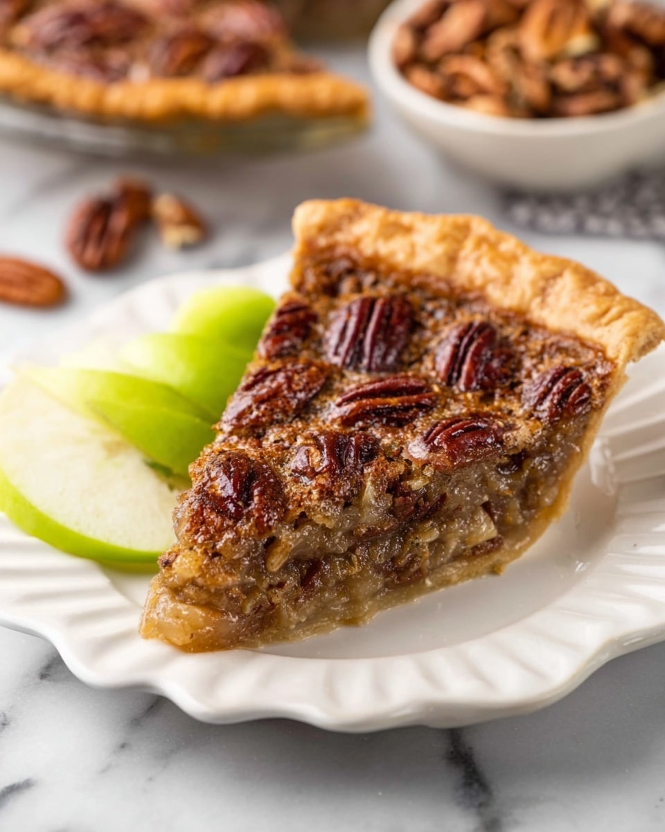 The image shows a pecan pie in a clear glass pie dish placed on a white marbled surface. The pie has a golden-brown crust with a slightly crimped edge. The filling is light brown and smooth, topped with a dense layer of whole glossy pecan halves that cover the entire surface unevenly for a natural look. A slice of the pie has been removed, showing the thick filling inside that is a bit translucent with bits of pecans mixed in. In the background, there is a small copper bowl filled with more pecans and green apple slices arranged in a fan shape on the white marbled surface. The scene feels cozy and inviting with soft natural light. photo taken with an iphone --ar 4:5 --v 7