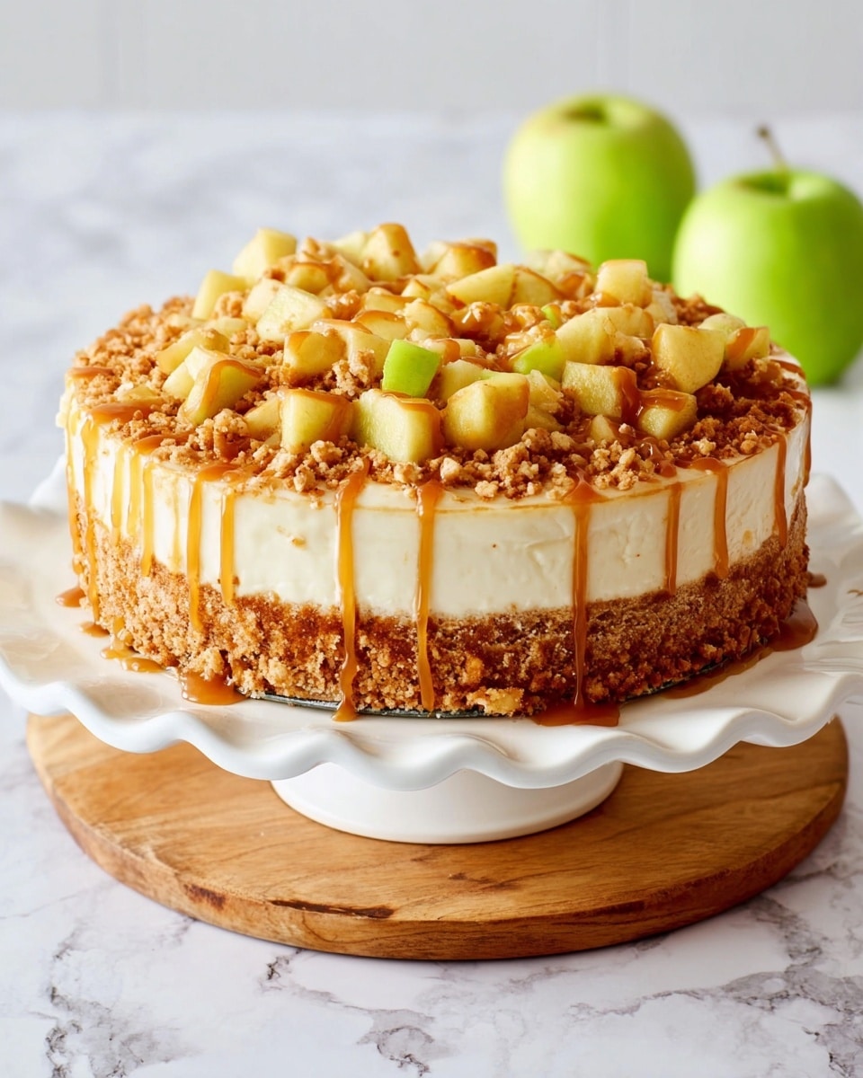 The image shows a round dessert with three clear layers. The bottom layer is thick and made of a crumbly golden-brown crust with visible bits of oats or nuts. The middle layer is creamy and smooth, ivory-white in color, and evenly spread. The top layer consists of small, light yellow apple pieces mixed with some crumbly bits, all covered with light brown caramel sauce that drips over the edges of the creamy layer and crust. The dessert is placed on a white scalloped cake stand sitting on a wooden board with a white marbled surface in the background. Two green apples are blurred in the background on the left side. photo taken with an iphone --ar 4:5 --v 7