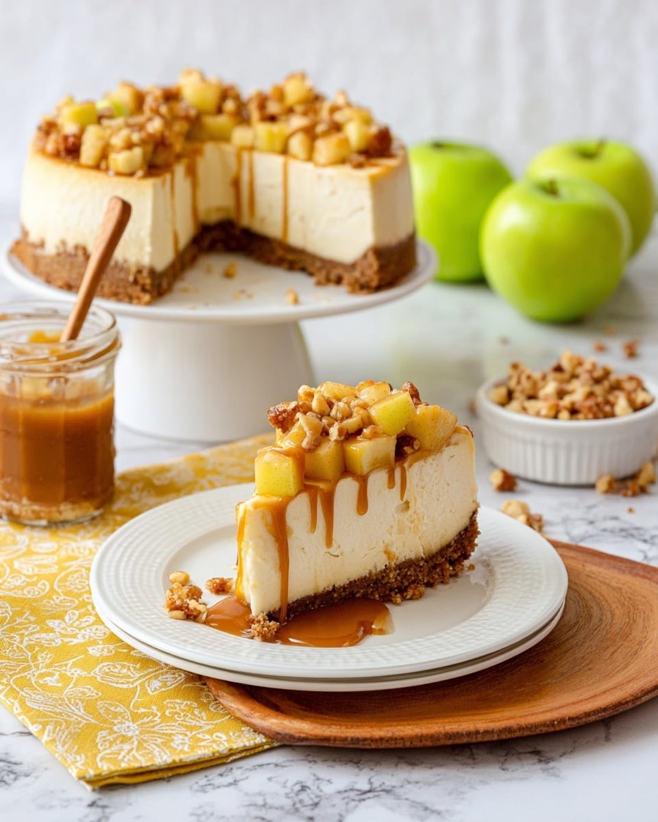 A slice of cheesecake sits on a white plate on a wooden board with a yellow and white cloth underneath. The cheesecake has three layers: a thick, crumbly brown crust at the bottom, a large creamy off-white middle layer, and a generous topping of chopped light yellow apples mixed with a crumbly brown topping and drizzled with light brown caramel sauce that spills over the side. Two silver forks rest beside the slice on the plate. In the background, the rest of the cheesecake is on a white cake stand with the same three layers and visible caramel dripping. A jar of caramel with a wooden spoon inside is next to two bright green apples and a small bowl of pecans on a white marbled surface. photo taken with an iphone --ar 4:5 --v 7