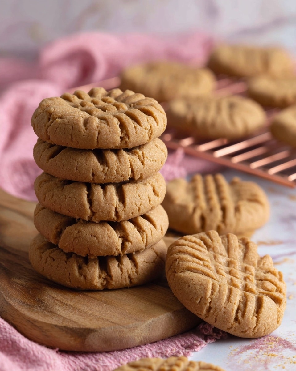 Three round peanut butter cookies are stacked on a white marbled surface, each cookie light brown with a textured crisscross pattern on top. The cookies show slight cracks and have a soft, crumbly look. A tall glass filled with white milk is placed to the right side of the stack. In the background, part of a woven basket with more cookies inside and a beige and white cloth are visible, creating a cozy setting. Photo taken with an iphone --ar 4:5 --v 7