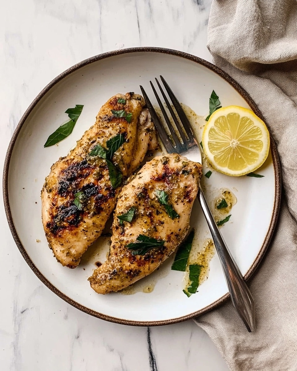 Two pieces of cooked chicken seasoned with herbs and black pepper are placed on a white round plate. On top of the chicken, there are green basil leaves scattered unevenly. A half lemon slice is positioned near the top right side of the chicken. A silver fork lies diagonally on the right side of the plate, its handle extending off the edge of the plate. The plate is set on a wooden surface that has a rustic feel. photo taken with an iphone --ar 4:5 --v 6.1