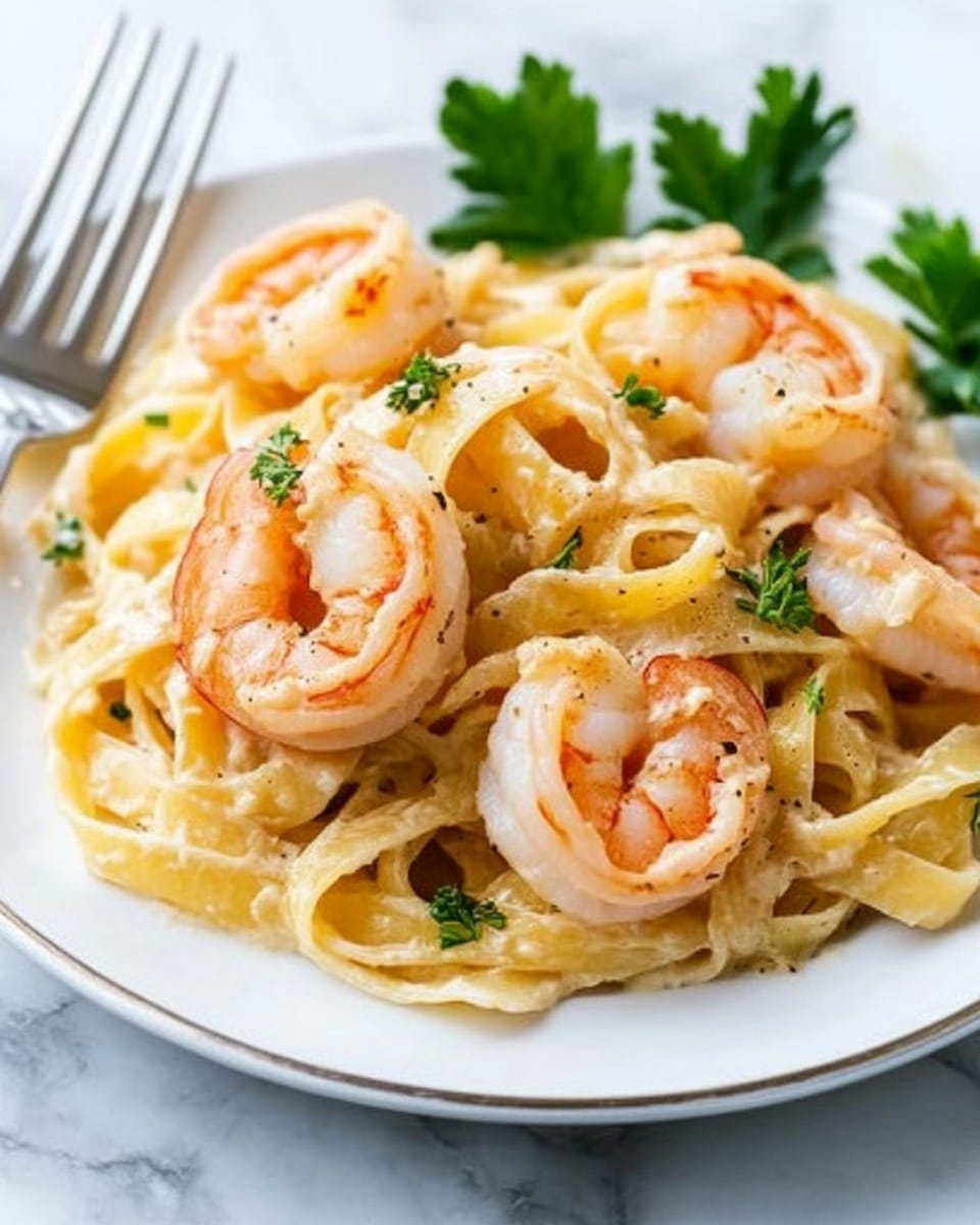 A white plate holds a serving of fettuccine pasta mixed with creamy sauce. On top and around the pasta, there are several cooked shrimp with a light pink and orange color. Small green parsley leaves are placed on the shrimp and pasta. A silver fork and spoon rest on the white marbled surface next to the plate. The photo taken with an iphone --ar 4:5 --v 6.1