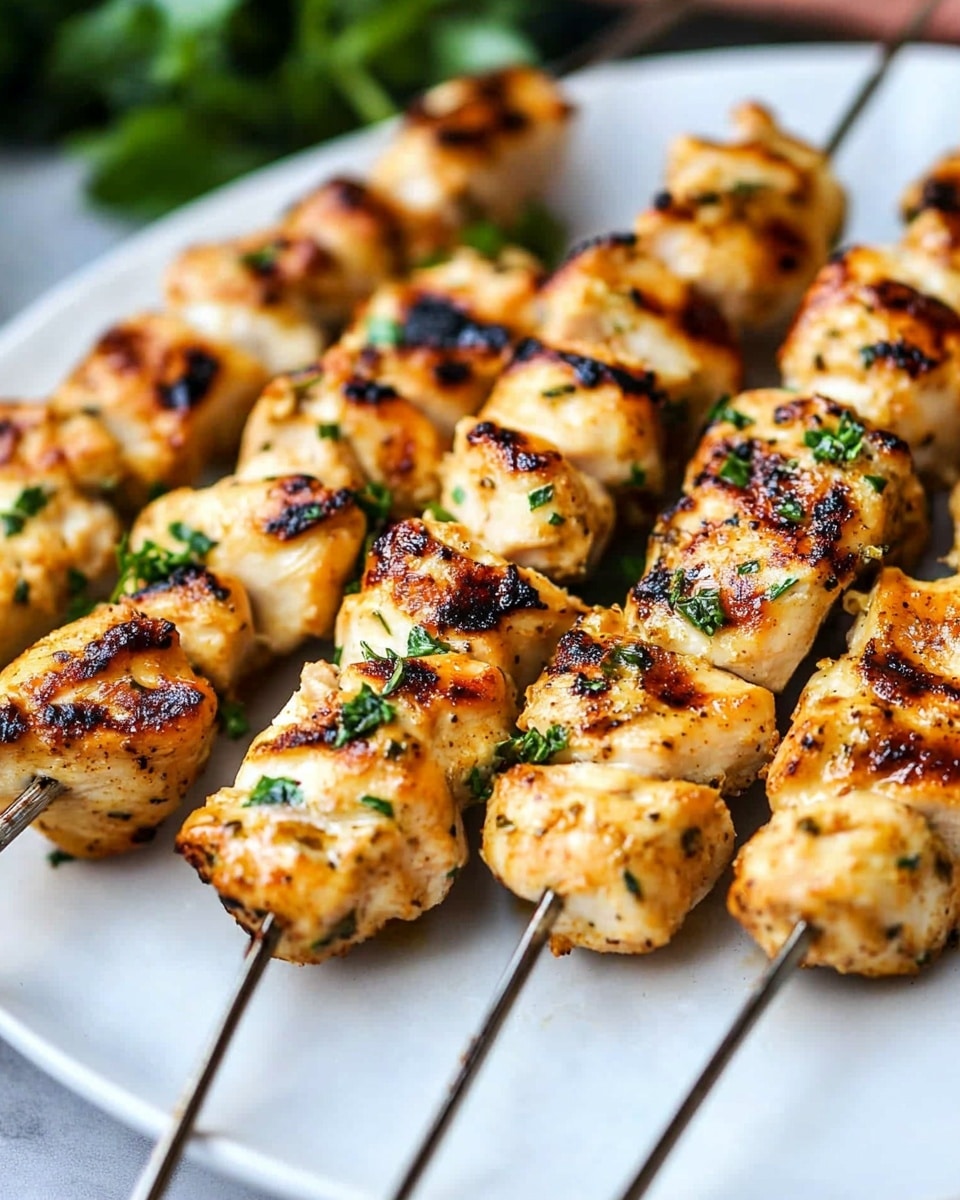 The image shows five grilled chicken skewers arranged close together on a white plate with a few green herb sprinkles on and around the skewers. Each skewer has pieces of white chicken meat with browned char marks and a slight golden crust, giving the chicken a textured look with some crispy edges. The chicken pieces appear juicy and marinated with visible green herbs mixed in the marinade. The plate rests on a white marbled surface, and part of a metal skewer handle is visible on the right edge. photo taken with an iphone --ar 4:5 --v 6.1