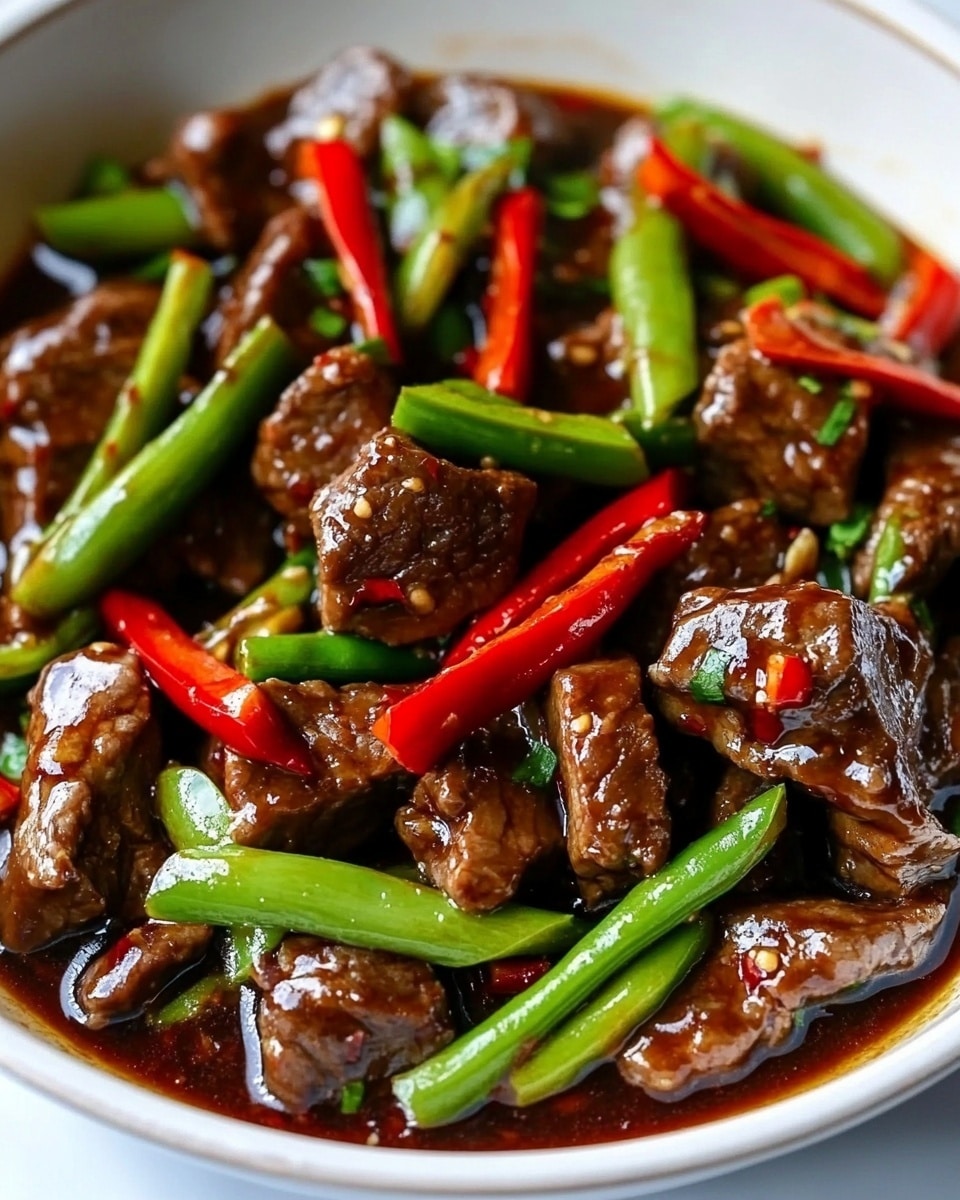 This image shows a close-up of cooked beef slices mixed with bright red and green bell pepper strips in a white bowl with a blue rim. The beef pieces are dark brown and shiny from sauce, with a slightly rough texture, while the bell peppers look fresh and smooth. A woman’s hand is holding a wooden spatula that is lifting some of the beef and peppers, positioned in the left part of the bowl. The bowl sits on a white marbled surface. photo taken with an iphone --ar 4:5 --v 6.1