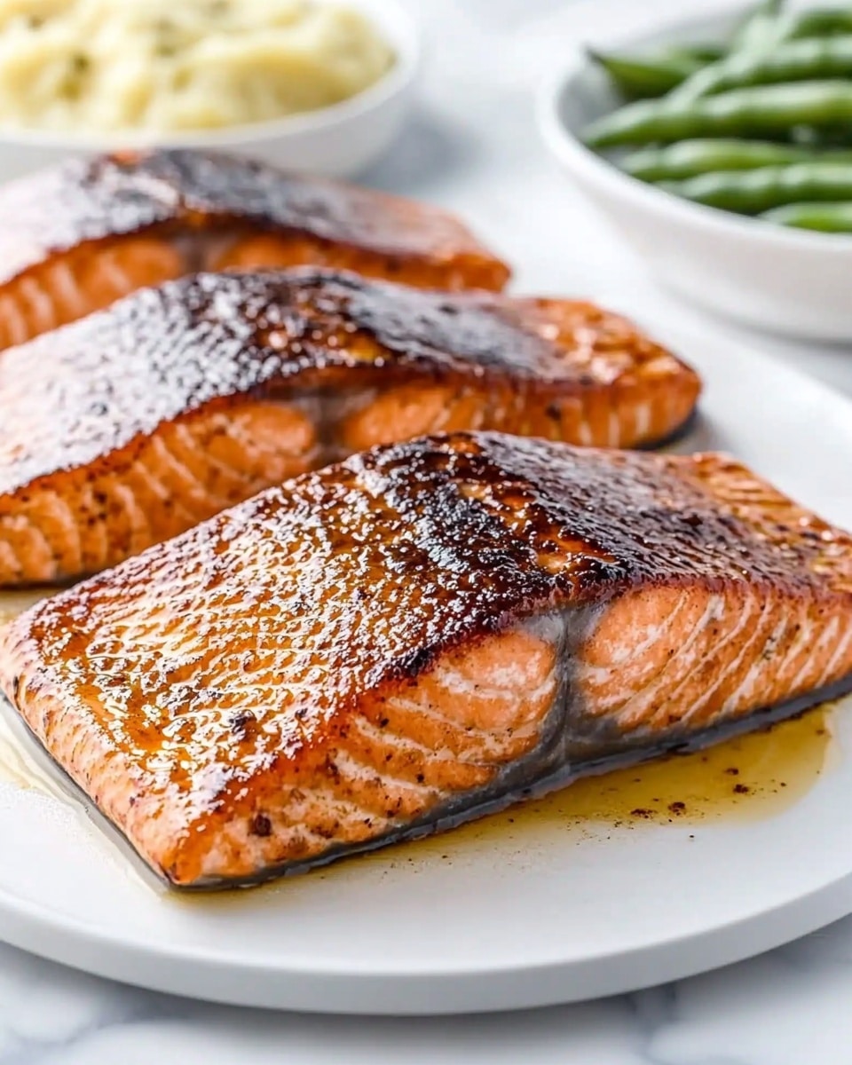 The image shows three large pieces of cooked salmon laid side by side on a foil-lined baking tray. Each salmon piece has a reddish-brown crusty layer on top, with a moist, light pink inside visible on the sides. The surface of the crust looks textured with spices and seasoning. To the left of the tray, a wooden-handled red silicone brush rests on the edge. In the background, slightly out of focus, a small white square dish with sauce and a gold spoon with some brown spice rest on a white marbled surface. Photo taken with an iphone --ar 4:5 --v 6.1