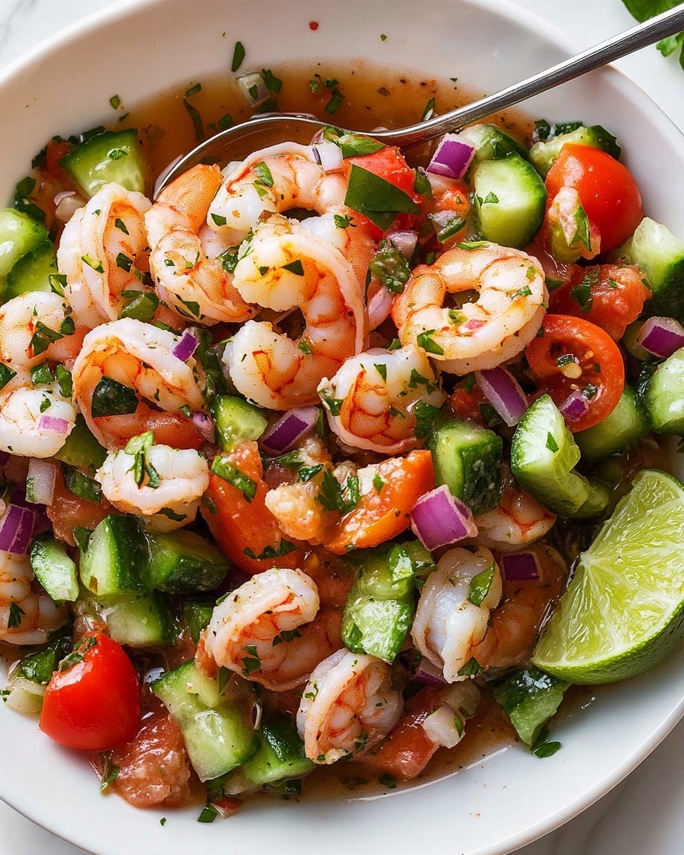 A white bowl filled with small cooked shrimp that are light pink and white, mixed with diced green bell peppers, bright red cherry tomato pieces, and small cubes of cucumber, along with finely chopped red onion showing purple and white colors. The ingredients are sprinkled with small bits of chopped green herbs. A wedge of lime with a light green rind and pale green inside rests at the edge. The dish has a bit of broth or juice pooling at the bottom, with a shiny silver spoon partially submerged among the shrimp and vegetables. A woman's hand is holding the spoon over a white marbled surface. photo taken with an iphone --ar 4:5 --v 6.1