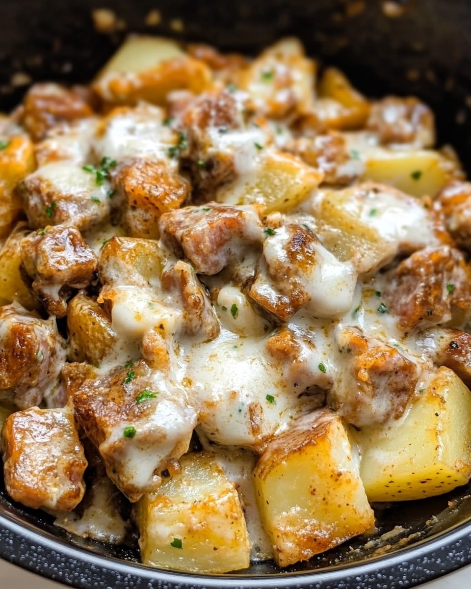 A close-up view of a dish in a black pan filled with diced cooked potato pieces mixed with melted cheese. The mixture has a creamy and slightly browned texture with scattered herbs on top. The potato pieces are mostly golden brown and slightly crispy on the edges, showing some white cheese melting through them. The dish looks warm and comforting with a soft creamy layer beneath the potatoes and some seasoning sprinkled on top. photo taken with an iphone --ar 4:5 --v 6.1
