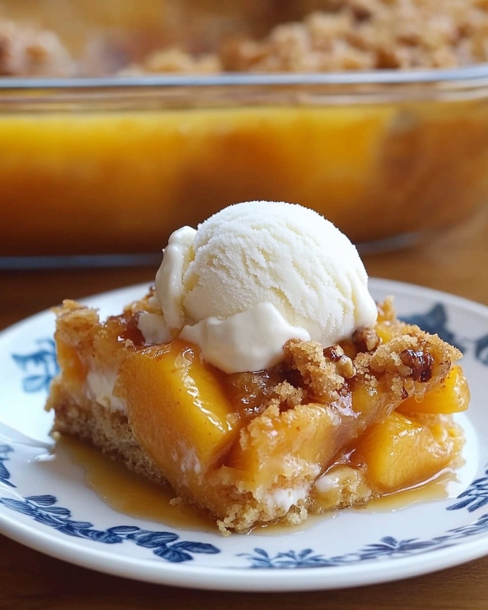 A white round plate sits on a white marbled surface with a large square piece of peach cobbler. The bottom layer is soft, light golden cake with visible peach chunks showing bright orange-yellow colors. The top layer is a textured, crumbly golden brown crust sprinkled with chopped nuts. On top of the cobbler is a smooth white scoop of vanilla ice cream, slightly melting onto the edges. In the background, a clear glass baking dish filled with more peach cobbler is visible but out of focus. photo taken with an iphone --ar 4:5 --v 6.1