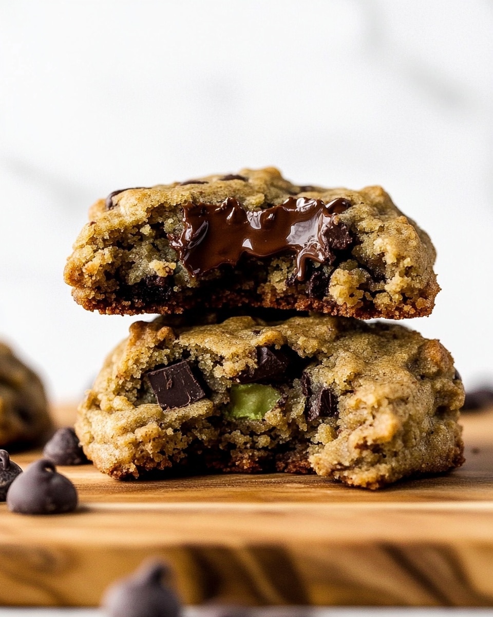 The image shows a stack of three cookies placed on a wooden board against a white marbled background. The bottom cookie is round, thick, and light brown with visible dark chocolate chips and some green flecks, showing a rough texture. The middle cookie is stacked directly on top, slightly smaller but also thick, with more visible dark chocolate chips, oats, and green bits embedded firmly into the cookie. The top cookie is broken in half, resting on the middle cookie, revealing a soft, crumbly inside with dark chocolate pieces melted in and two glossy dark chocolate chips sitting on the top edge. The overall look is soft and moist with textures of oats and chocolate clearly visible. Photo taken with an iphone --ar 4:5 --v 6.1