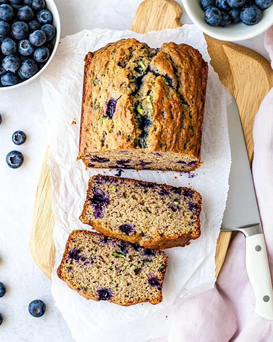 A loaf of blueberry zucchini bread is shown on a wooden cutting board with parchment paper under it, resting on a white marbled surface. The bread has a light brown crust with visible dark blue blueberries scattered throughout. Three slices are cut and laid out in front of the main loaf, showing a moist, dense inside with green flecks of zucchini and plenty of blueberries. To the left, there is a white plate with one slice of the bread, and fresh blueberries are scattered around both the board and the plate. A knife with a light handle lies to the right on a soft, beige cloth next to a white bowl full of blueberries. Photo taken with an iphone --ar 4:5 --v 6.1