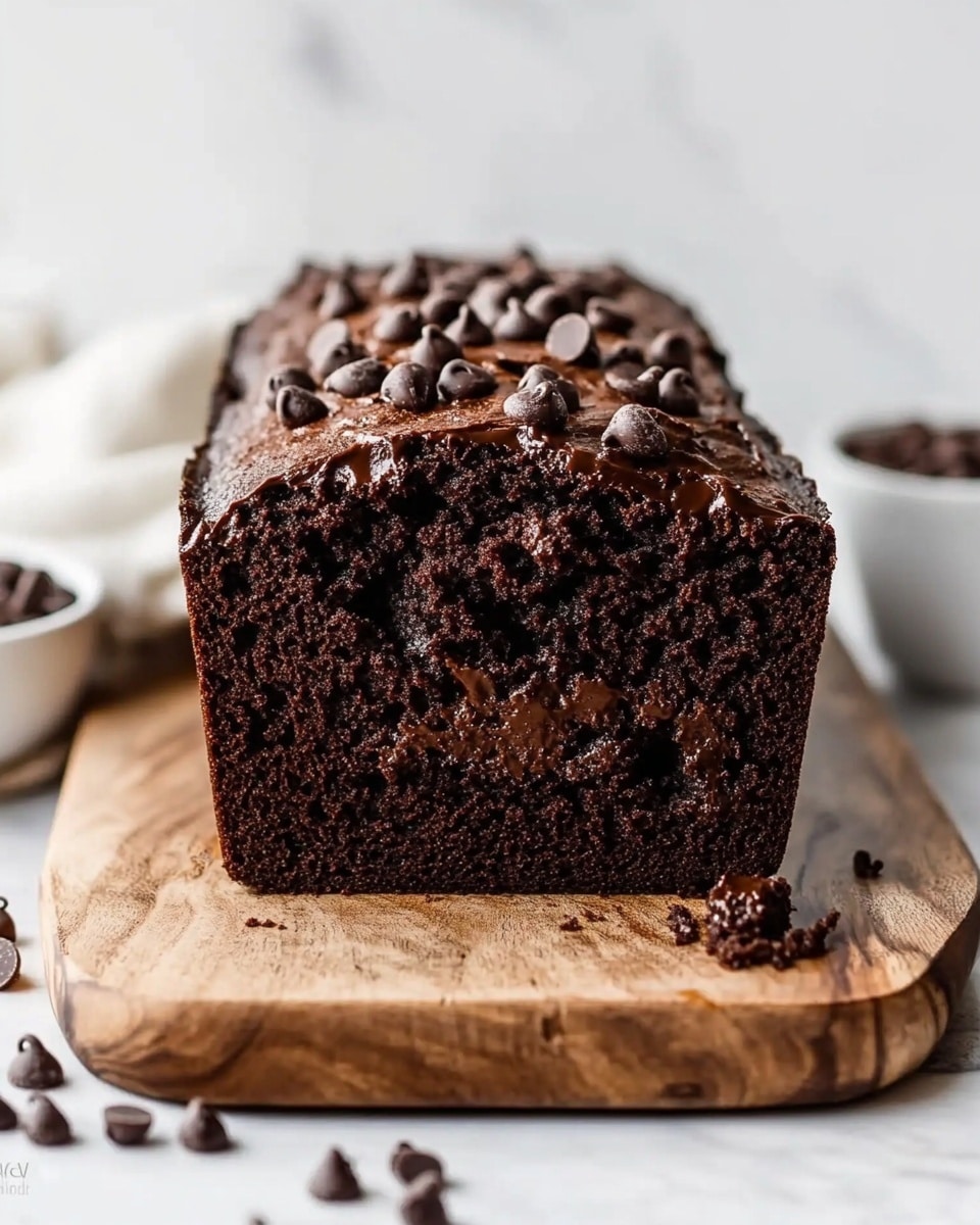 A thick, dark chocolate loaf cake is shown upright on a light brown wooden board placed on a white marbled surface. The cake has a rich, moist texture with small, uneven holes inside and is topped with scattered small chocolate chips. The loaf has slightly rough, cracked edges and a few crumbs around its base. The background is softly blurred with a pale green cloth and some green fruit shapes that are out of focus. Photo taken with an iphone --ar 4:5 --v 6.1