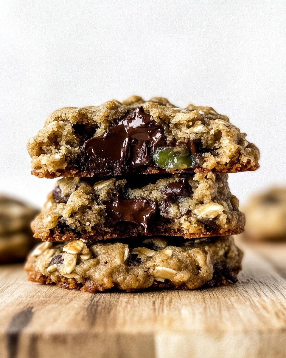 The image shows a metal cooling rack filled with 14 round oatmeal cookies that have a rough, chunky texture mixed with small green bits and dark chocolate chips unevenly spread on top. The cookies are golden brown, slightly crispy on the edges, and soft-looking in the middle. The cooling rack is placed on a white marbled surface, with a crumpled light green cloth partially visible on the left side. The cookies are arranged closely, filling the rack in a neat pattern. Photo taken with an iphone --ar 4:5 --v 6.1