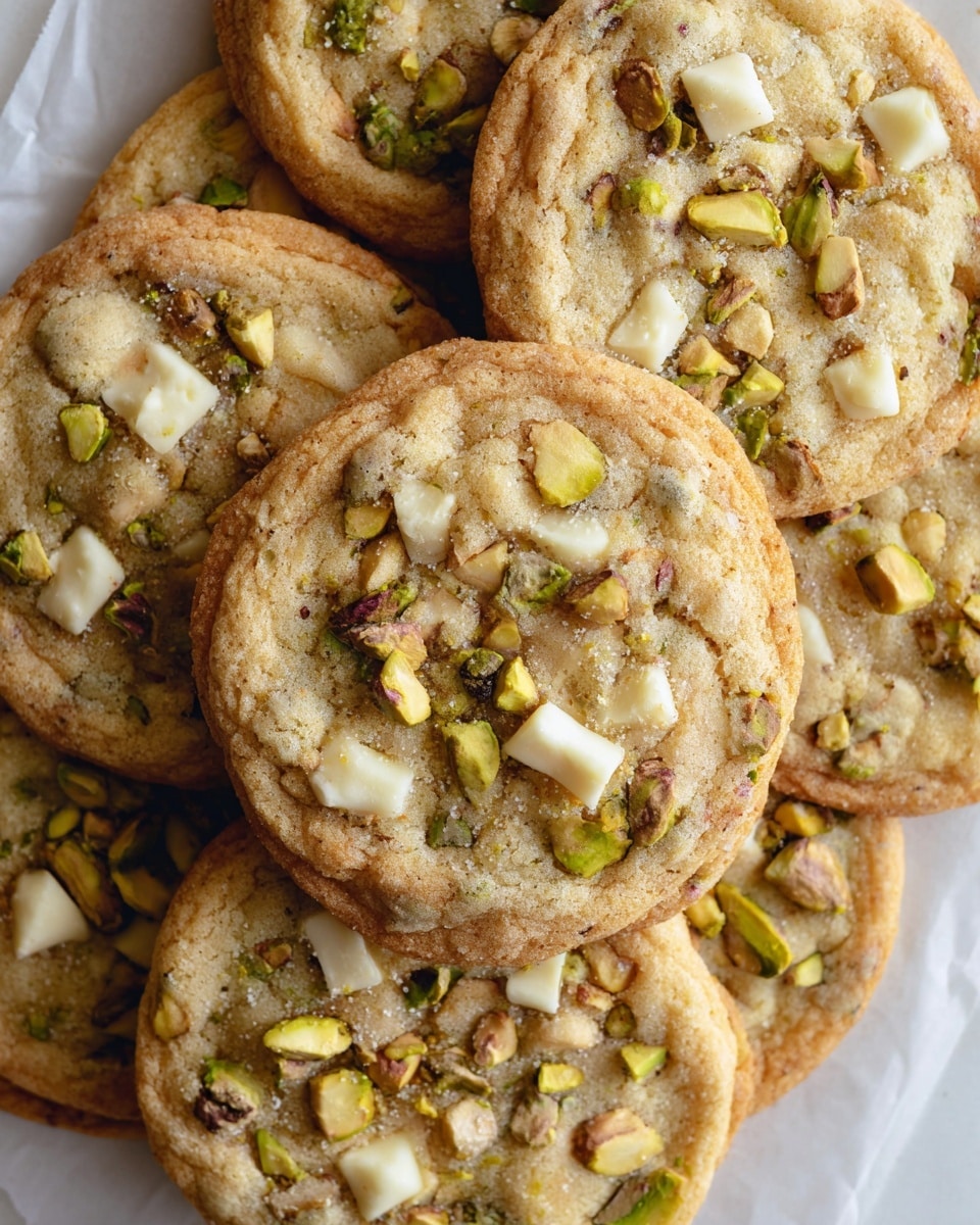 A close-up view of a pile of round cookies on a white marbled surface, each cookie having a light golden-brown color with a slight crackled texture. The cookies are topped with pieces of chopped green pistachios and chunks of white chocolate, scattered unevenly across the surface. The cookies overlap in a casual stack, showing their thickness and slightly rough edges. Photo taken with an iphone --ar 4:5 --v 7