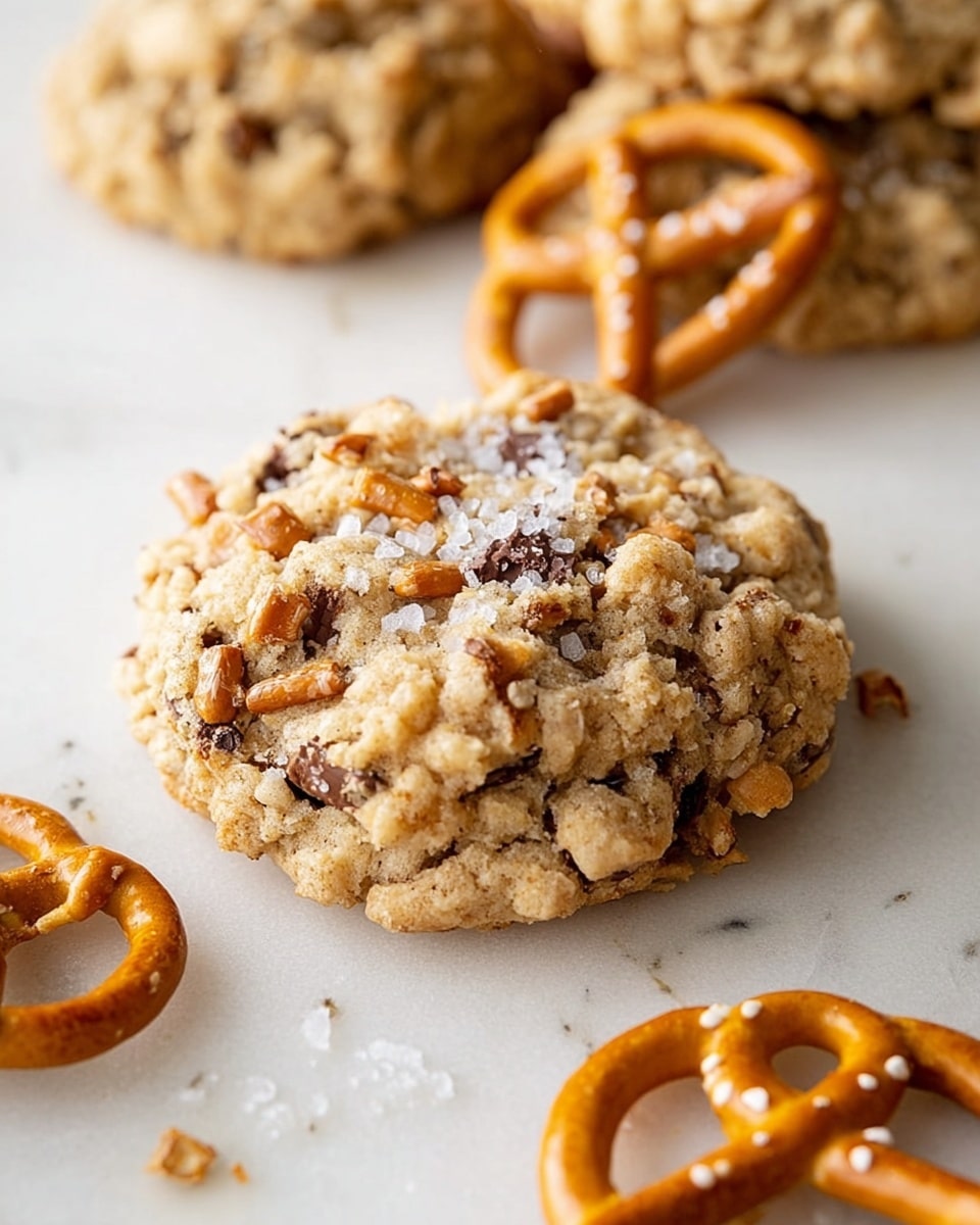 A close-up image of a single chunky cookie on a white marbled surface, showing two colorful visible layers: the outer light golden-brown dough with a soft, rough texture mixed with darker chocolate chunks and small pieces of pretzel scattered throughout, sprinkled lightly with coarse salt crystals on top; the cookie is accompanied by a few crisp, golden-brown pretzels resting at the bottom right corner, with more similar cookies blurred in the background on the white marbled surface. photo taken with an iphone --ar 4:5 --v 7