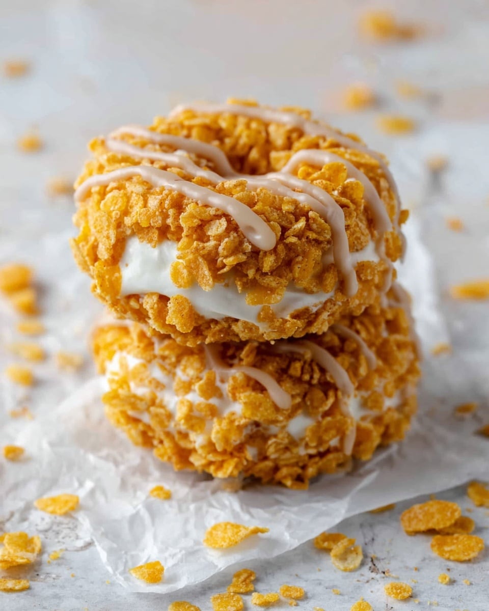 A close-up of a woman’s hand holding a square cereal treat with a bite taken out from one corner. The treat has a base layer of golden corn cereal mixed with a sticky white marshmallow layer that holds it together. On top, thin lines of light brown drizzle are spread in a zigzag pattern for decoration. The background is a soft focus white marbled surface with blurred similar treats. Photo taken with an iphone --ar 4:5 --v 7