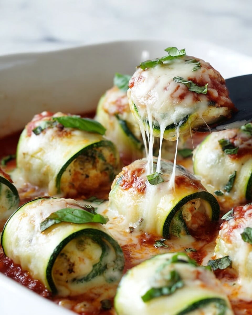 The image shows several rolled zucchini slices filled with creamy white cheese and green herbs, arranged neatly in a white baking dish. Each roll is topped with melted, slightly browned mozzarella cheese that stretches as one roll is lifted by a black fork, held by a woman's hand. Around the rolls, there is a layer of rich red tomato sauce, adding a deep color contrast. Small green basil pieces are scattered over the cheese and tomato sauce, adding freshness and detail. The whole dish is placed on a white marbled surface. photo taken with an iphone --ar 4:5 --v 7