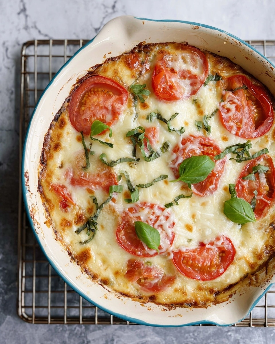 A baked dish in a round, white ceramic bowl with a light blue inside edge showing some browning around the rim, placed on a wire rack. The dish has one thick base layer with a creamy texture and scattered green leafy parts, topped with several round slices of red tomatoes evenly placed over it. A layer of melted golden brown cheese covers the tomatoes with some loose white cheese shreds scattered on top. Green basil leaves garnish the dish on top of the cheese. The scene is set on a white marbled surface. photo taken with an iphone --ar 4:5 --v 7
