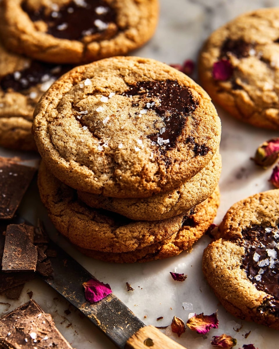 The image shows several round chocolate chip cookies with a golden brown color and slightly cracked texture. Each cookie has dark melted chocolate pools scattered unevenly across the top surface, with small white flakes sprinkled lightly over them. The cookies are placed closely together on a white marbled surface, with an old, worn knife with a wooden handle lying nearby. Above the cookies, part of a small white plate with dark chocolate chunks topped with light flakes is visible. Tiny dried rose petals are scattered around the cookies and knife. Photo taken with an iphone --ar 4:5 --v 7