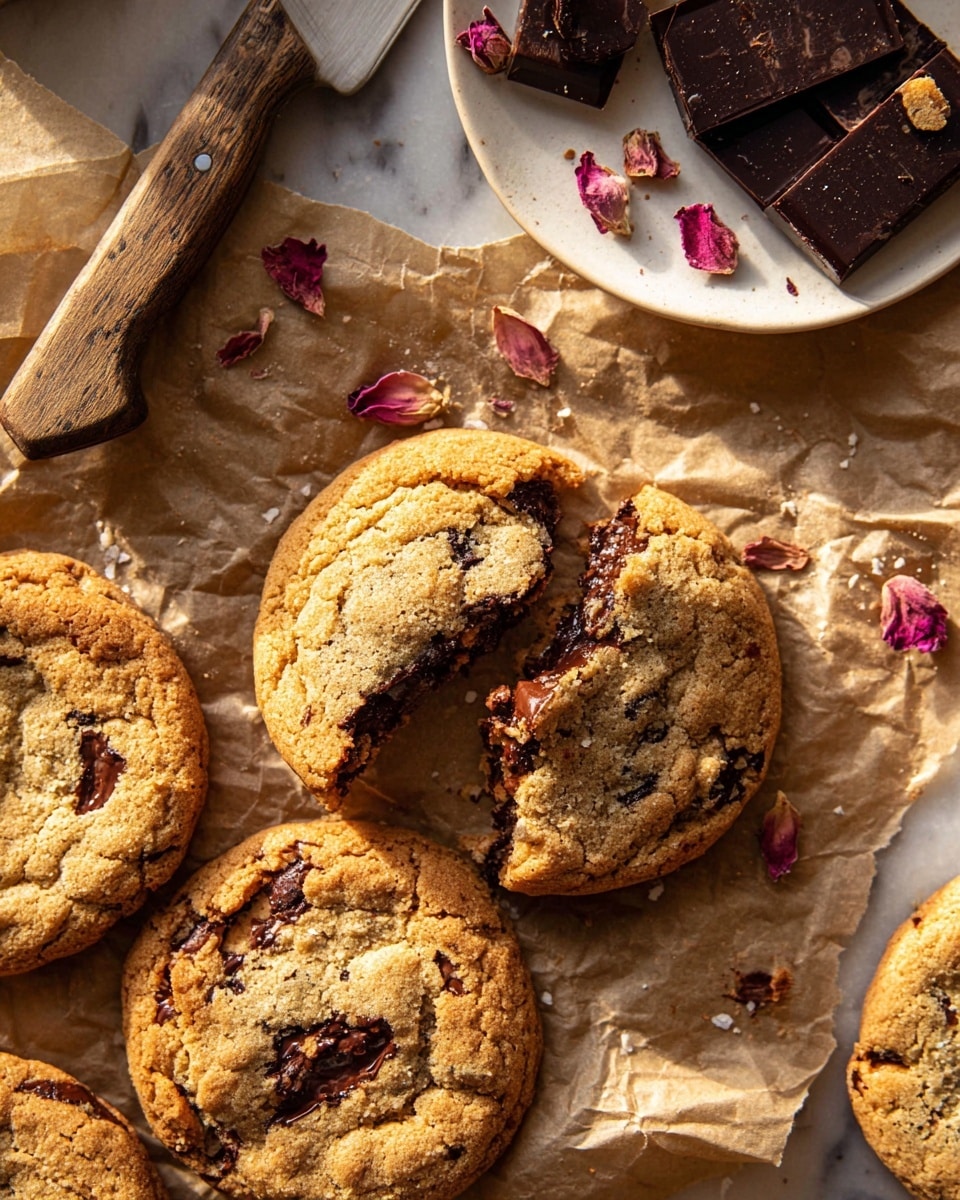 The image shows several round chocolate chip cookies with a golden-brown color and slightly cracked texture on top, lying on light brown parchment paper. One cookie is broken into a few pieces, revealing a soft and moist inside with melted dark chocolate chunks. Near the cookies, there is a wooden-handled knife with a dark blade, decorated with small dried rose buds nearby. The whole scene is set on a white marbled surface with sunlight casting soft shadows, creating a warm and cozy feel. Photo taken with an iphone --ar 4:5 --v 7