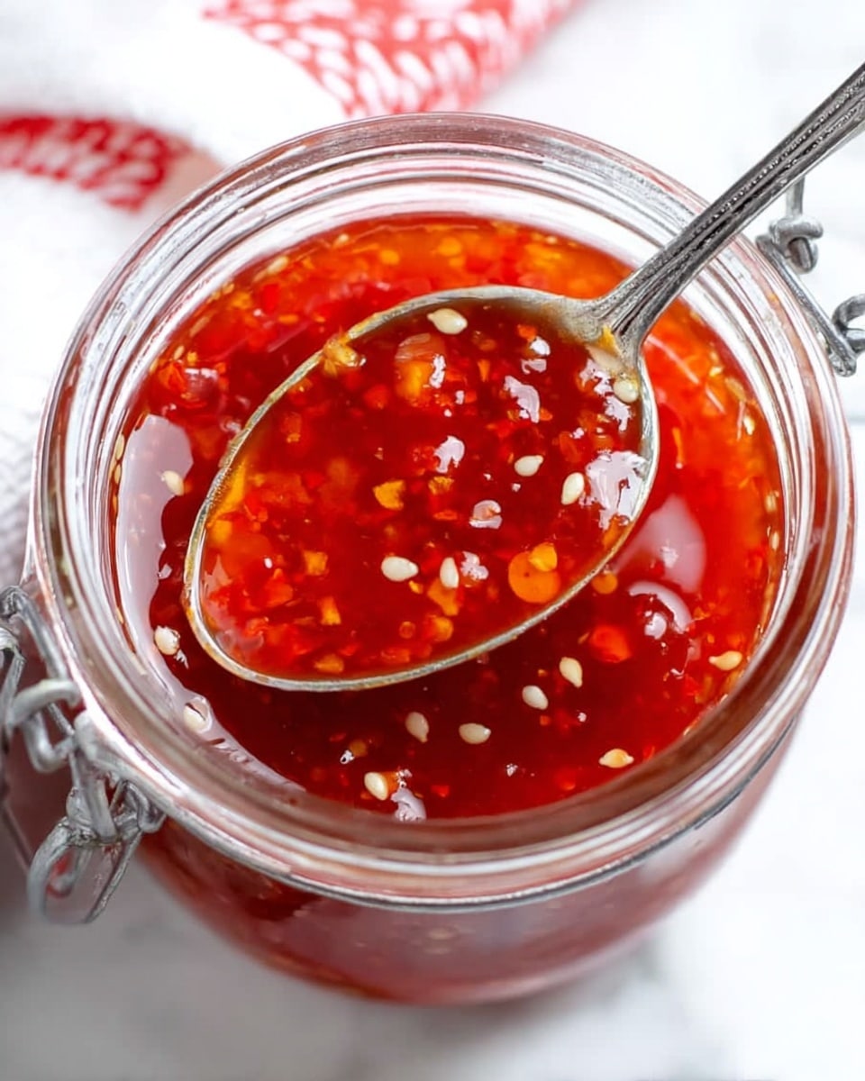 A close-up view of a glass jar filled with bright red chili sauce, showing a spoon resting inside the jar with some sauce on it. The sauce has visible small white seeds and bits of chili floating throughout, giving it a slightly chunky texture with a shiny, wet surface. The jar is placed on a white marbled surface, and a corner of a red and white patterned cloth is visible in the top left corner. Photo taken with an iphone --ar 4:5 --v 7