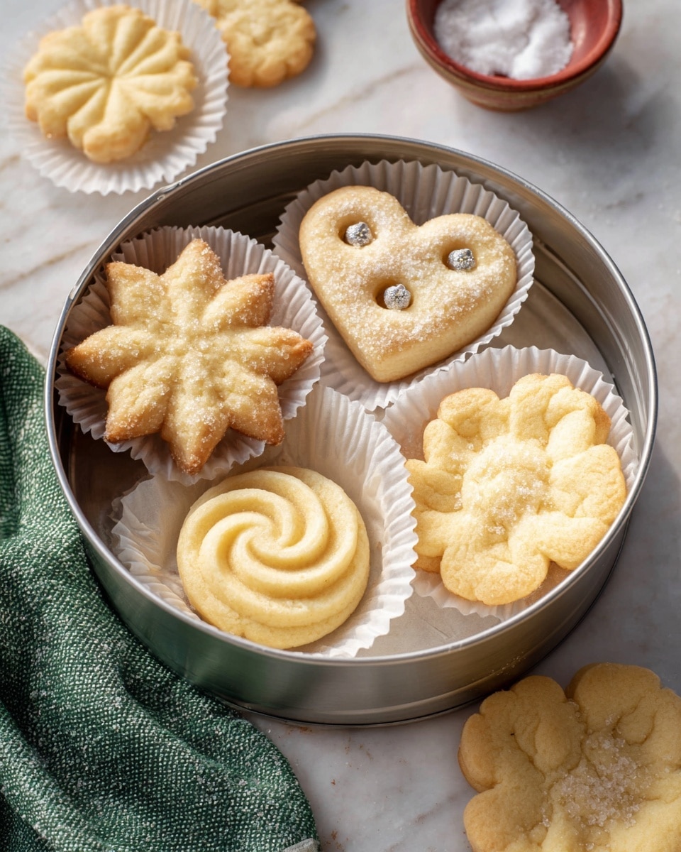 A round white tin filled with six light golden butter cookies, each placed in a white paper cup; the cookies have different shapes and textures: a flower with pointed petals at the top left, a pretzel-shaped one with coarse sugar on top in the center, a swirled round cookie with sugar at the bottom center, a ruffled flower-shaped cookie with soft edges at the right center, and two more swirled round cookies with smooth edges and sugar sprinkled on top placed outside the tin slightly on a white marbled surface; a green cloth and a small bowl filled with coarse sugar are near the tin; soft natural light highlights the textures and pale colors of the cookies photo taken with an iphone --ar 4:5 --v 7