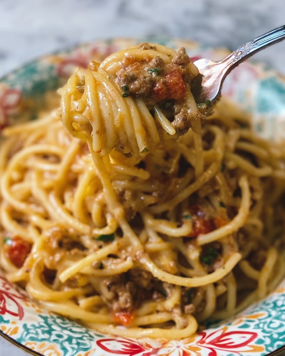A close-up of a fork holding up a twisted pile of spaghetti noodles mixed with a creamy, light brown sauce containing small pieces of meat and bits of red. The spaghetti noodles are thick and coated evenly in sauce, showing a shiny, smooth texture. Below the fork is a white plate with green and red decorative edges, filled with more spaghetti in the same sauce, slightly blurred in the background. The setting is on a white marbled surface. Photo taken with an iphone --ar 4:5 --v 7