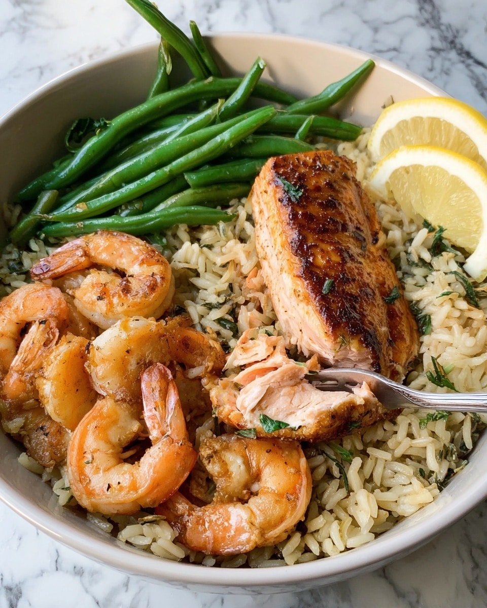 A white bowl holds a dish with four main layers, starting with a bed of light brown rice mixed with small green herbs at the bottom. On top of the rice, there is a piece of grilled salmon with a golden-brown crust and a tender pink inside showing where a fork has slightly broken it up. Surrounding the salmon are several bright orange cooked shrimp with a shiny glaze. To the side, there is a pile of vibrant green beans with a slight char. A thin, round yellow lemon slice sits on the edge of the bowl near a silver fork resting inside the dish. The bowl is placed on a white marbled surface. Photo taken with an iphone --ar 4:5 --v 7