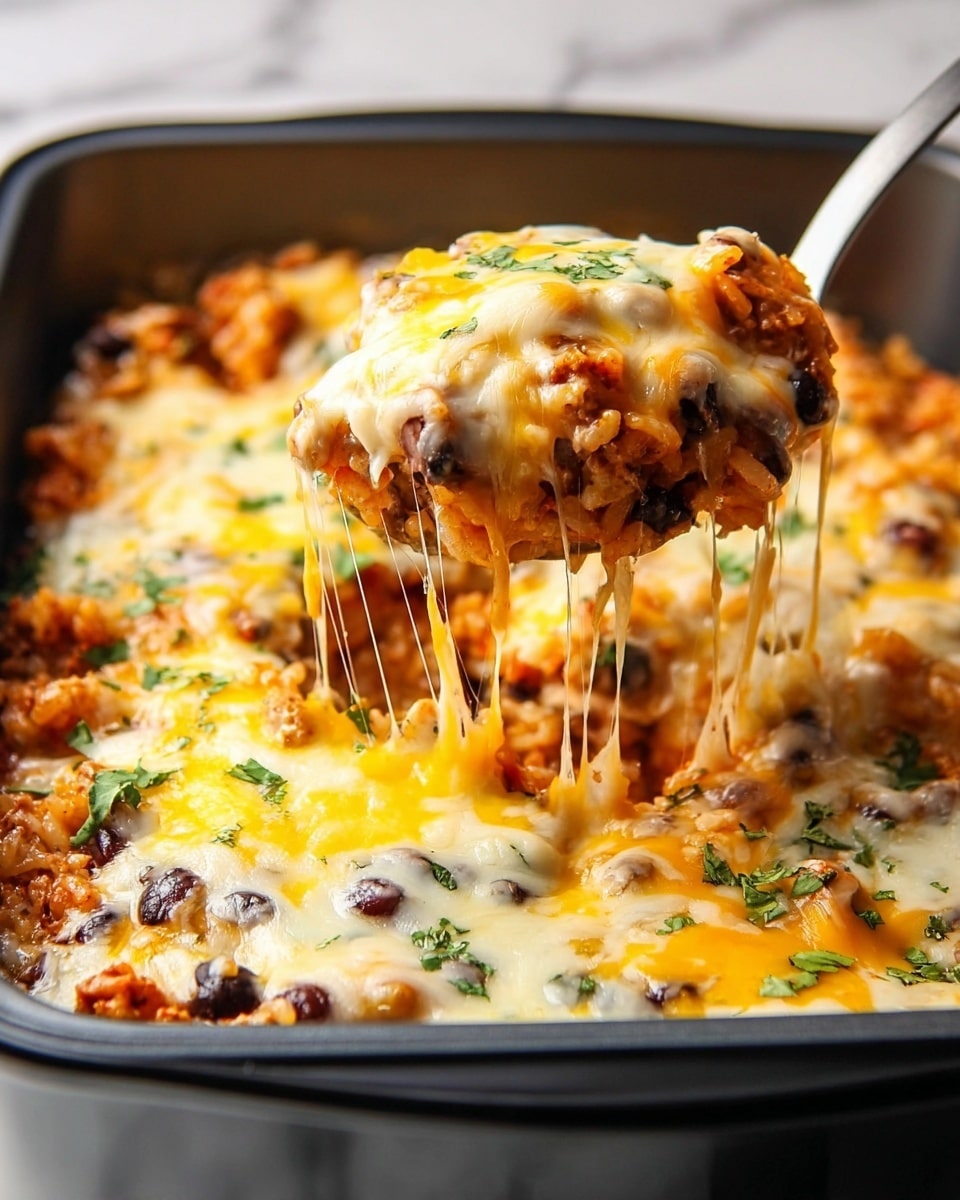 The image shows a close-up of a baked casserole in a black baking dish, sitting on a white marbled surface. The dish has multiple melted cheese layers on top, with a mix of yellow and white cheeses creating a bubbly, stretchy texture. Underneath the cheese, there are chunky layers of red tomato sauce with visible black beans and bits of meat or vegetables. Small green herb pieces are sprinkled on top, adding a fresh touch. A spoon lifts up a portion, showing the thick, gooey cheese stretching and the sauce’s rich texture. The edges of the casserole are slightly browned, indicating it is freshly baked. photo taken with an iphone --ar 4:5 --v 7